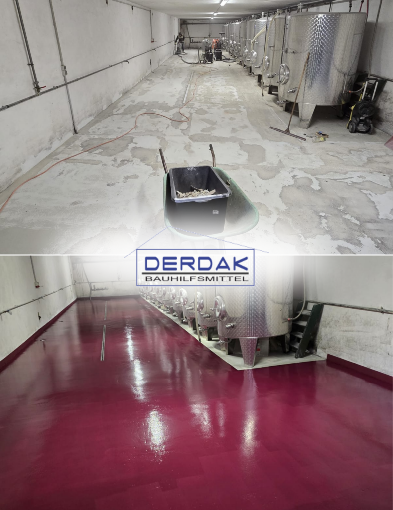 Vorher-Nachher-Vergleich einer Epoxidharz-Bodenbeschichtung in einem Weinkeller mit Edelstahltanks. Oben unbehandelter Betonboden, unten fugenlos beschichteter Boden für den Weinbau.